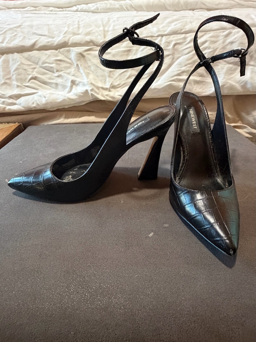 Nine West Black Croc-Embossed Pointed Ankle-Strap Heels